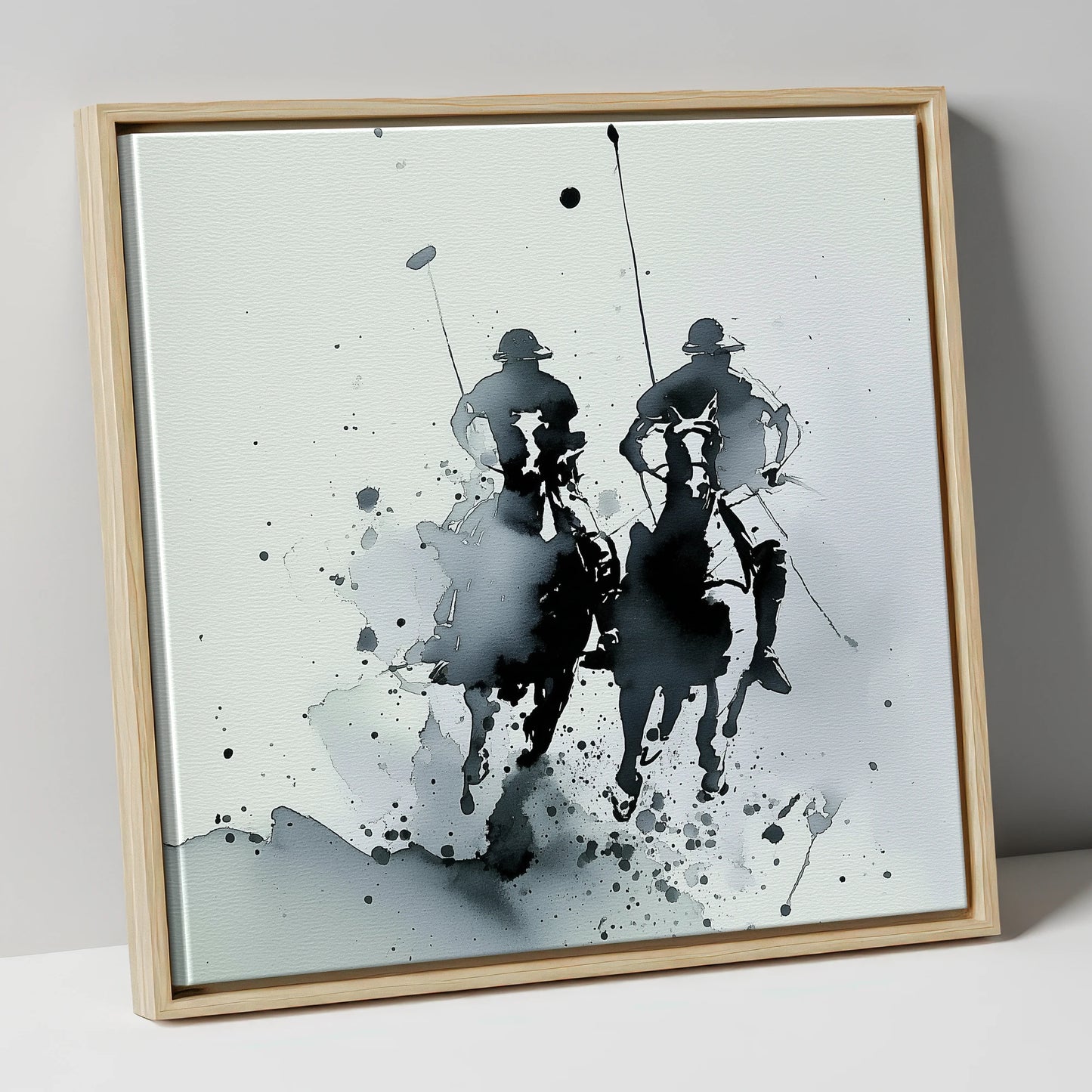 Thundering Polo Pursuit polo horse canvas wall art in natural frame
