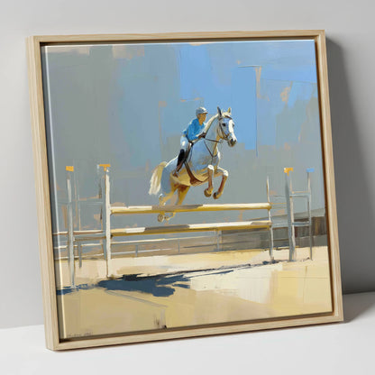 Sunlit Flight show jumping horse canvas wall art in natural frame