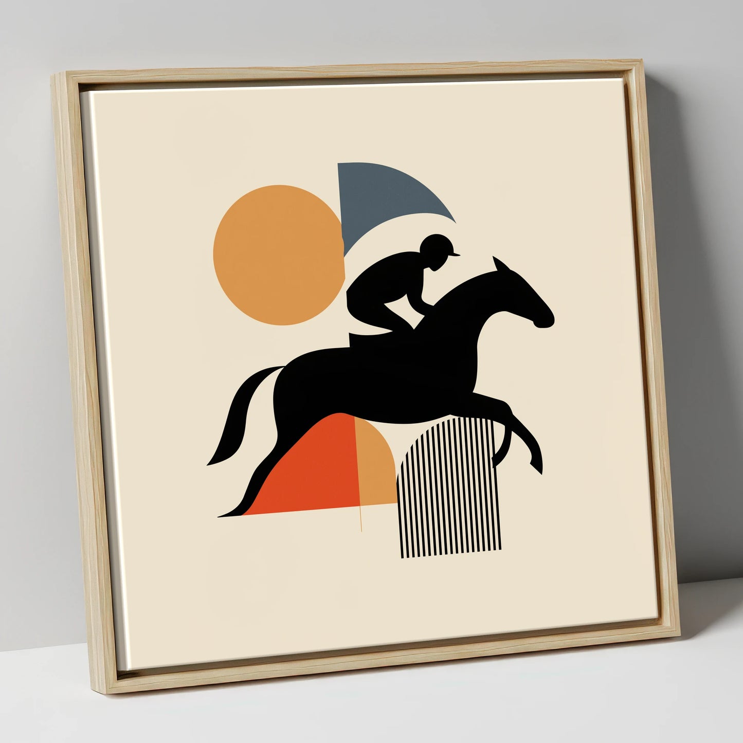 Mid-Century Racing Silhouette racing horse canvas wall art in natural frame