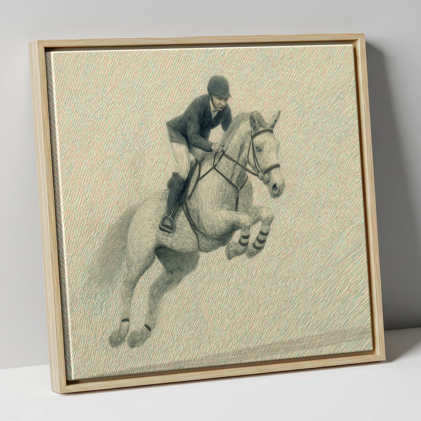 Precision in Flight show jumping horse canvas wall art in natural frame