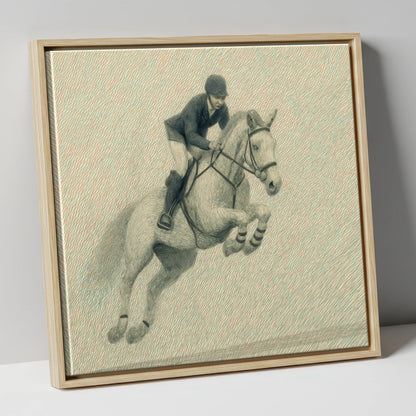 Precision in Flight show jumping horse canvas wall art in natural frame