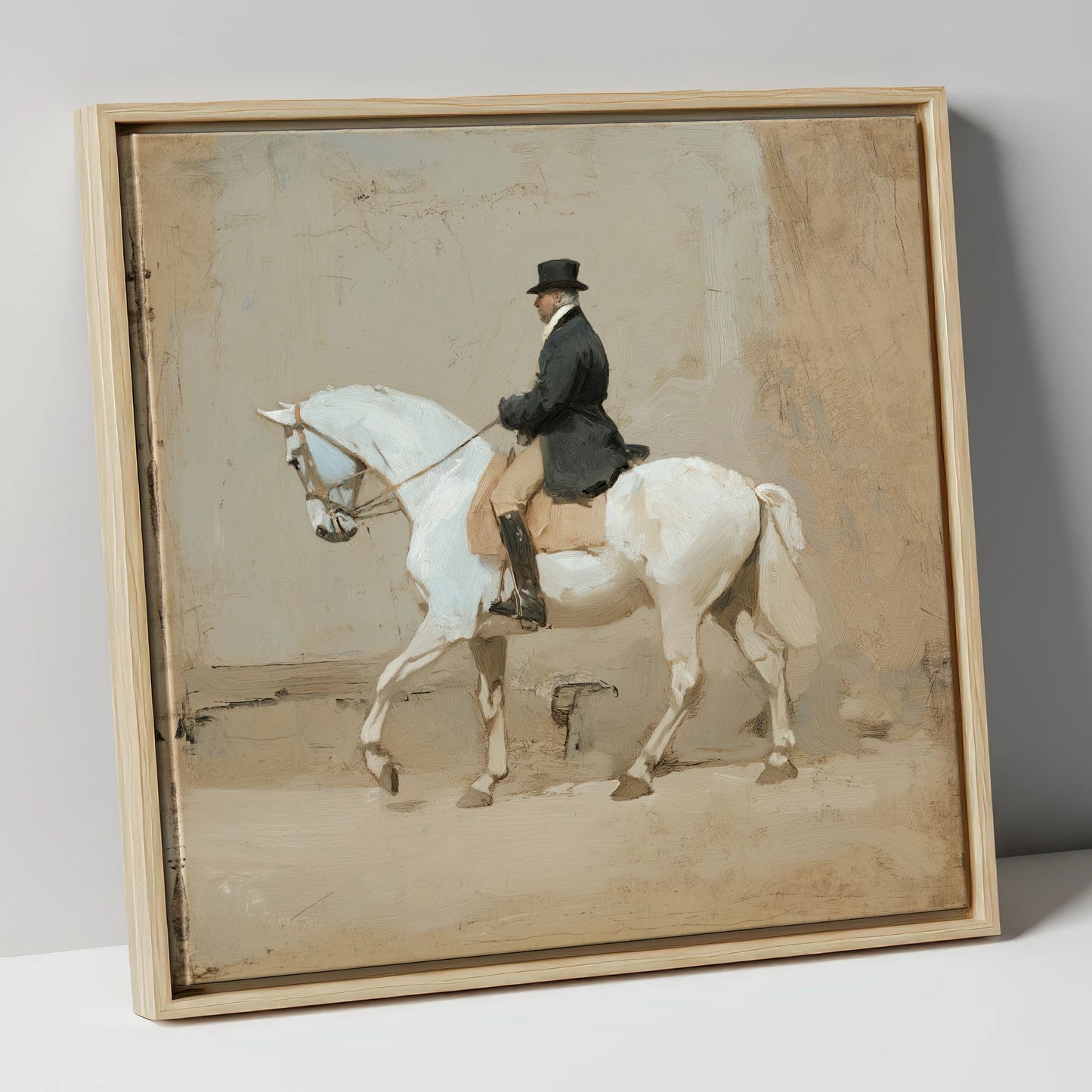 Classical Harmony dressage horse canvas wall art in natural frame