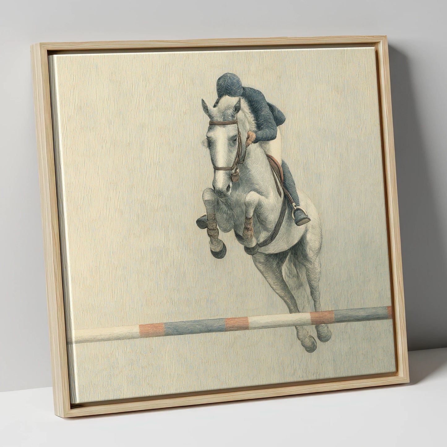 Suspended Flight show jumping horse canvas wall art in natural frame