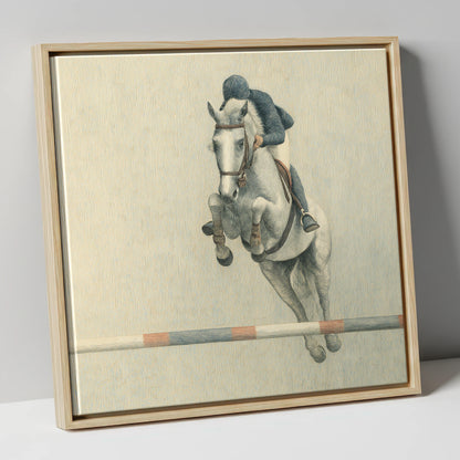 Suspended Flight show jumping horse canvas wall art in natural frame