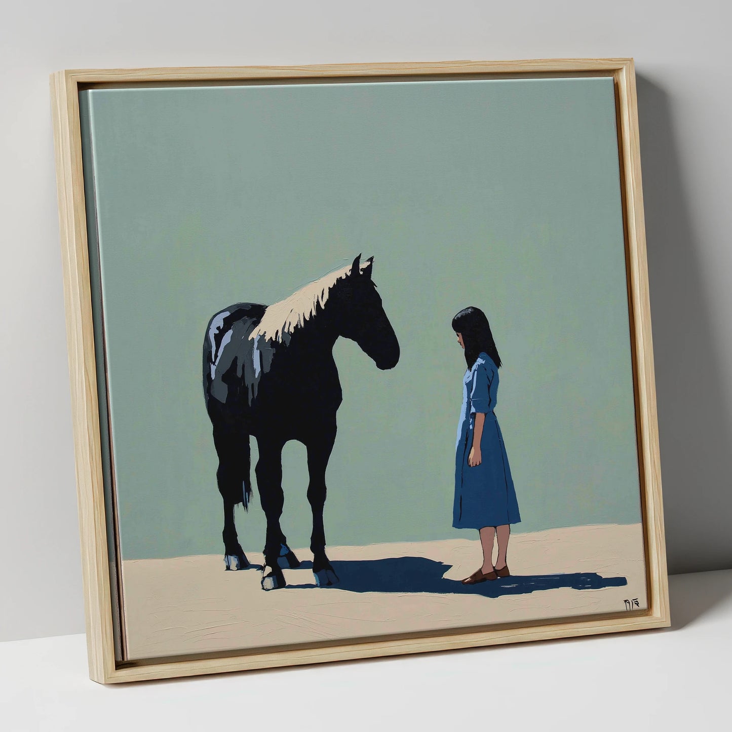 Quiet Understanding horse & rider canvas wall art in natural frame