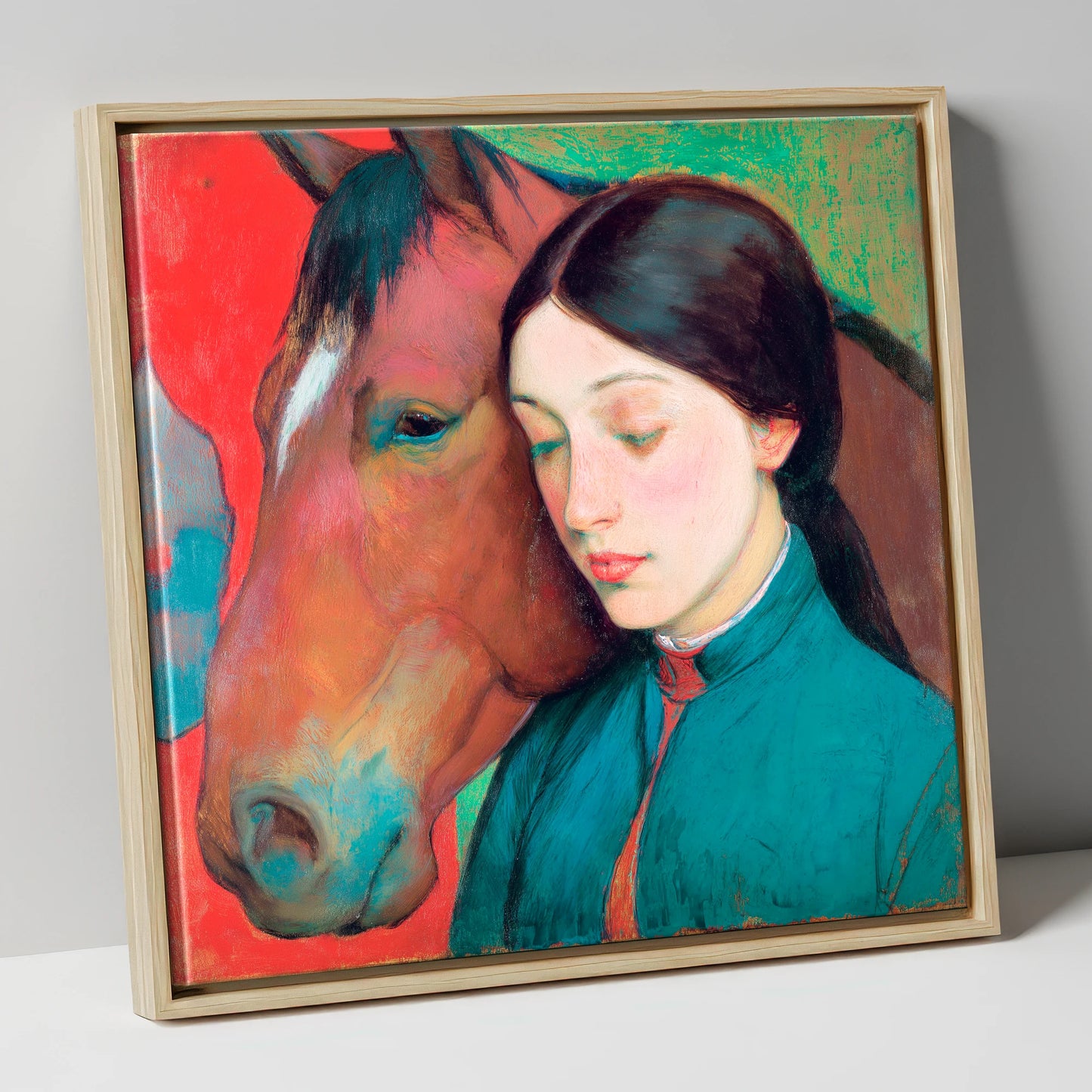Silent Devotion horse & rider canvas wall art in natural frame
