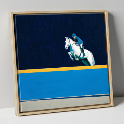 Airborne Over Azure show jumping horse canvas wall art in natural frame