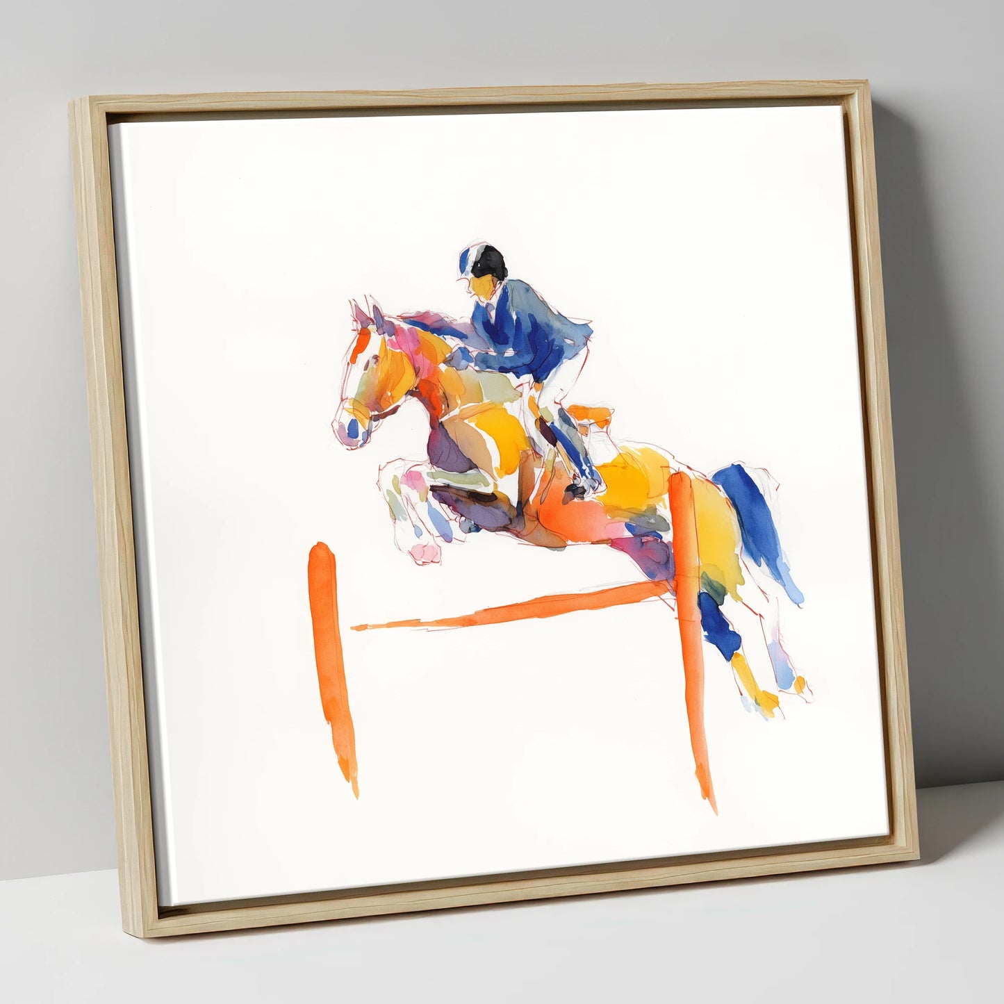 Vibrant Clear Round show jumping horse canvas wall art in natural frame