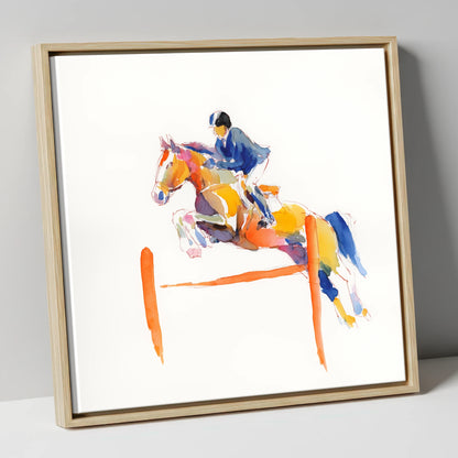 Vibrant Clear Round show jumping horse canvas wall art in natural frame