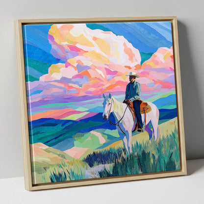 Painted Prairie Rider western horse canvas wall art in natural frame