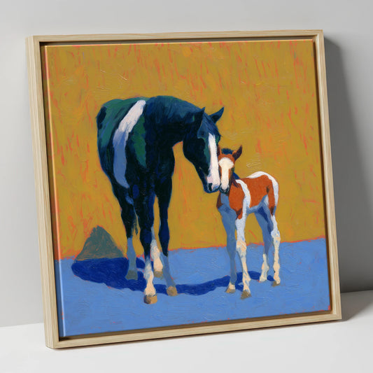 Sun-Drenched Devotion mare & foal canvas wall art in natural frame