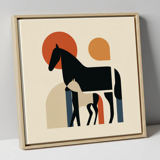 Modernist Matriarch mare & foal canvas wall art in natural frame
