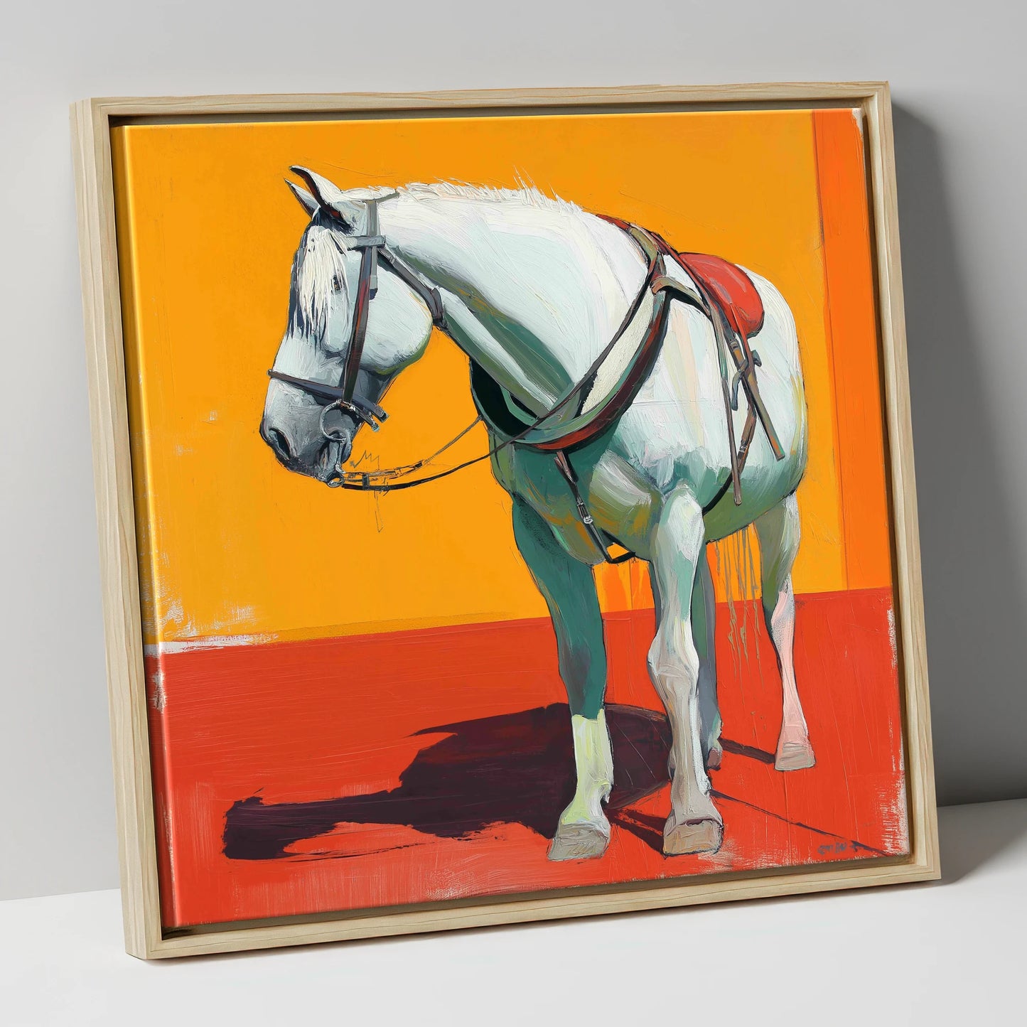 Vibrant Harnessed Grey working horse canvas wall art in natural frame