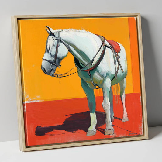 Vibrant Harnessed Grey working horse canvas wall art in natural frame