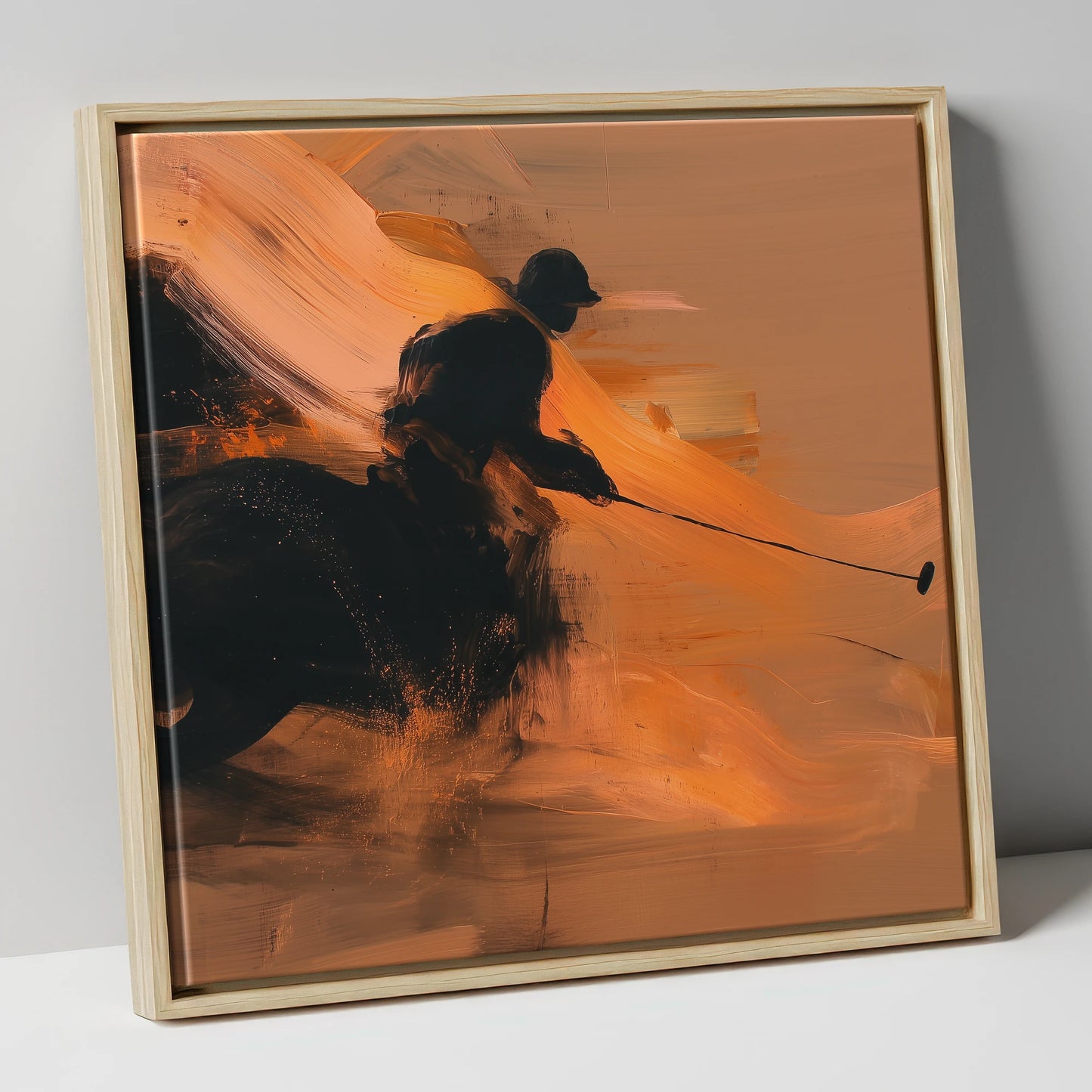 The Decisive Strike polo horse canvas wall art in natural frame