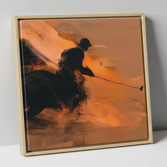 Polo Player Silhouette in Amber polo horse canvas wall art in natural frame