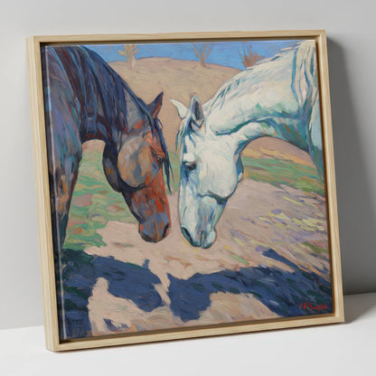 Sunlit Companions horse portrait canvas wall art in natural frame