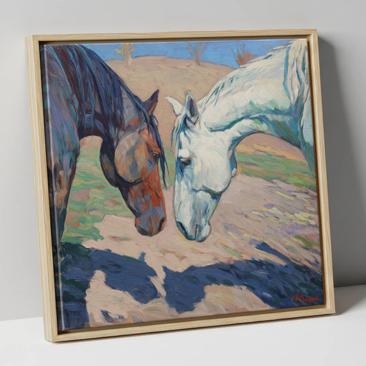Sunlit Companions horse portrait canvas wall art in natural frame