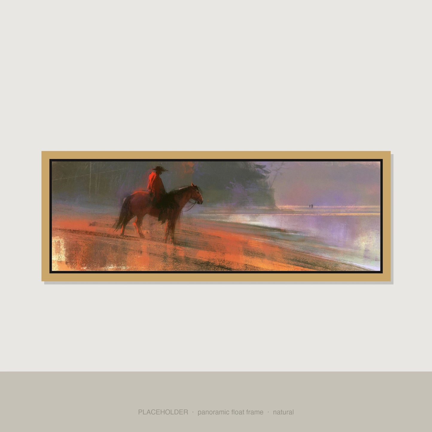 Shoreline Solitude Horse Landscape panoramic canvas wall art in natural float frame