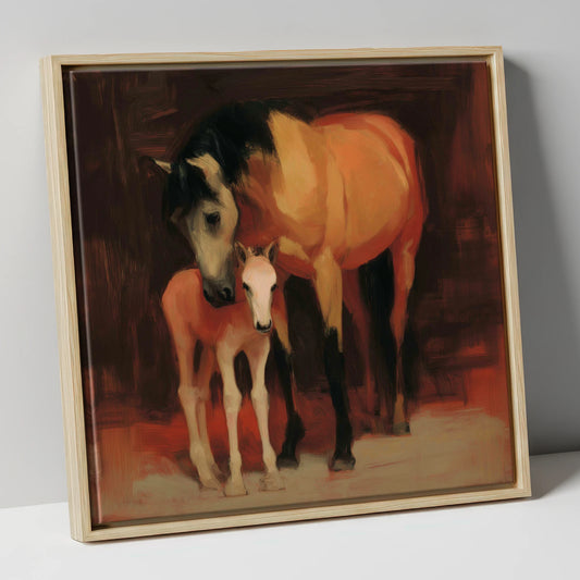 The Nurturing Bond mare & foal canvas wall art in natural frame