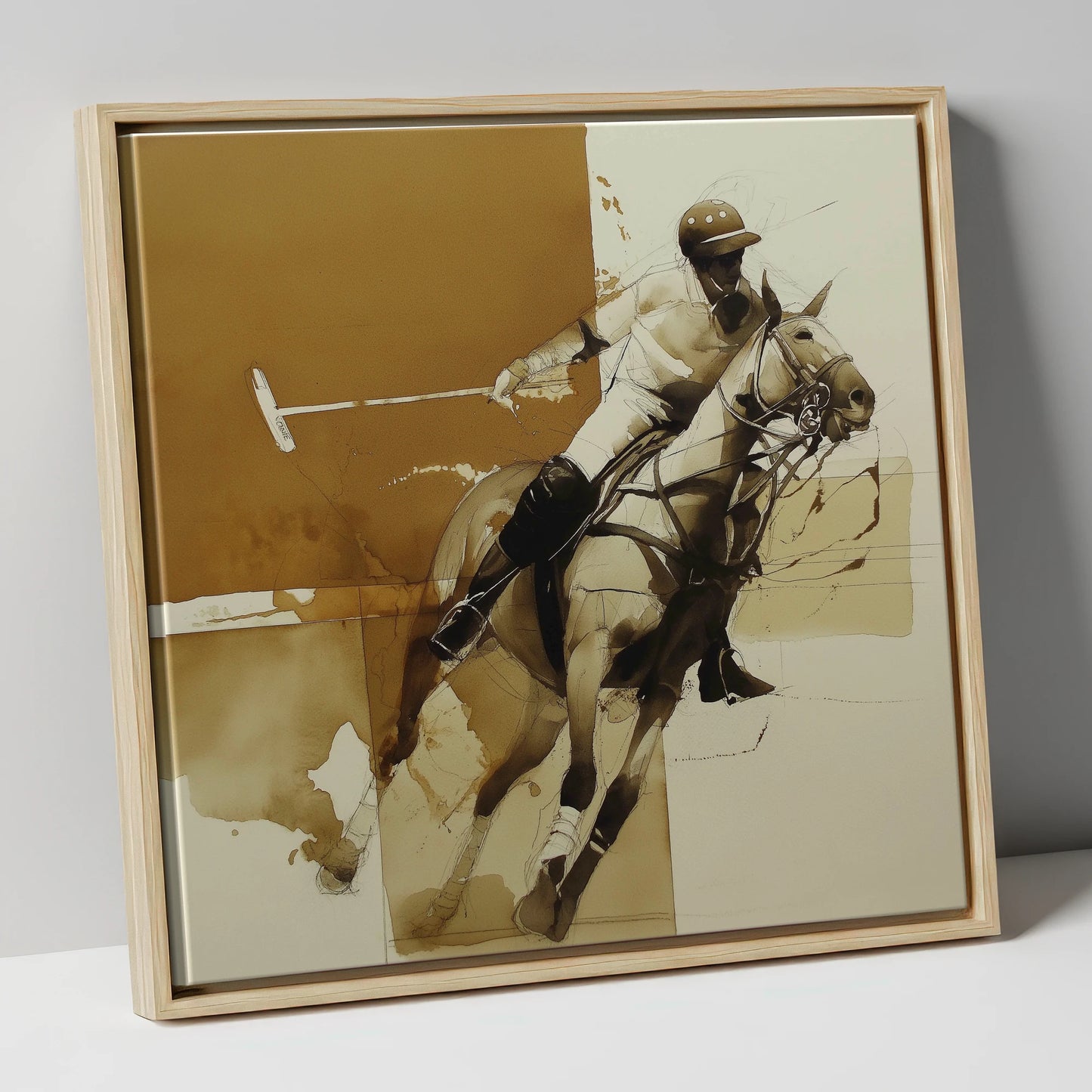 Mid-Chukka Momentum polo horse canvas wall art in natural frame