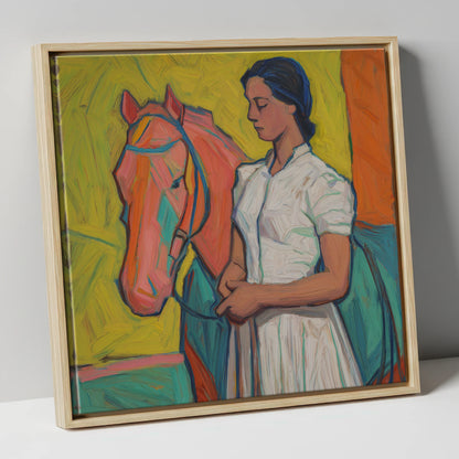 Vibrant Connection horse & rider canvas wall art in natural frame