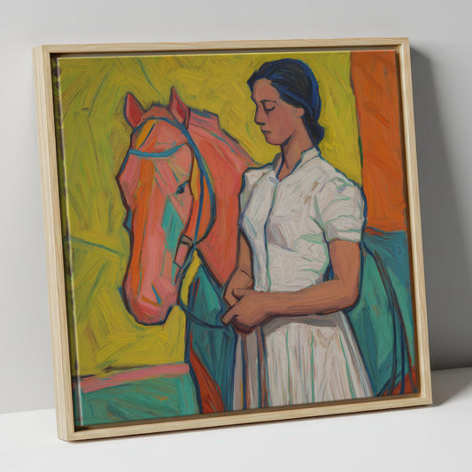 Vibrant Connection horse & rider canvas wall art in natural frame