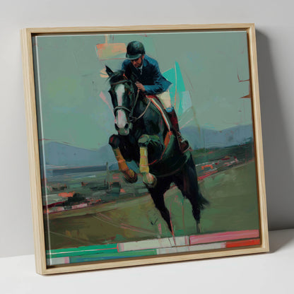 Bold Ascent show jumping horse canvas wall art in natural frame
