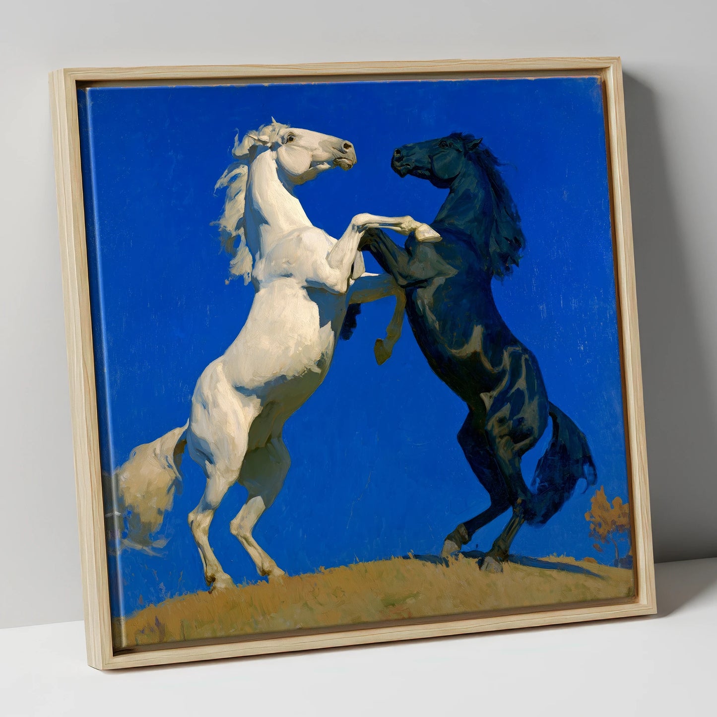 Cobalt Sky Stallions wild horses canvas wall art in natural frame