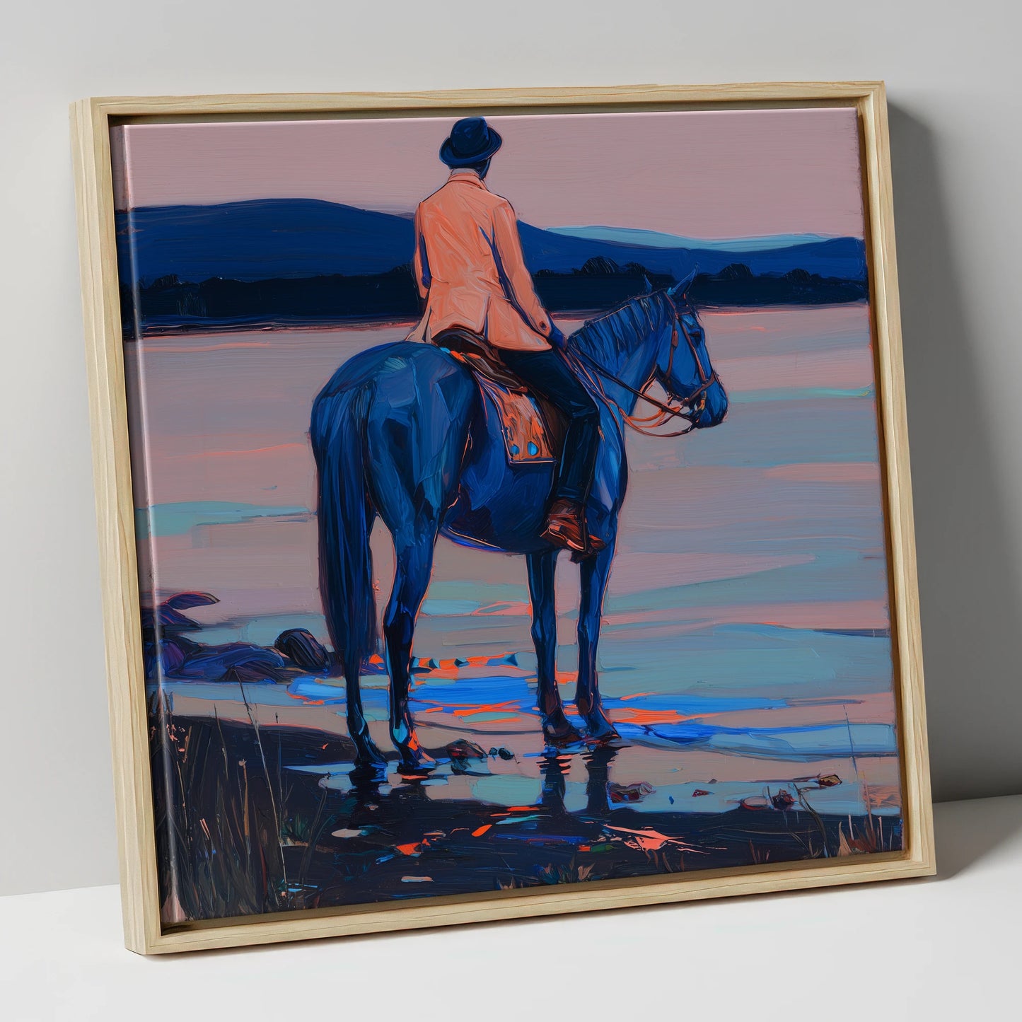 Indigo Coastal Hack beach horse canvas wall art in natural frame