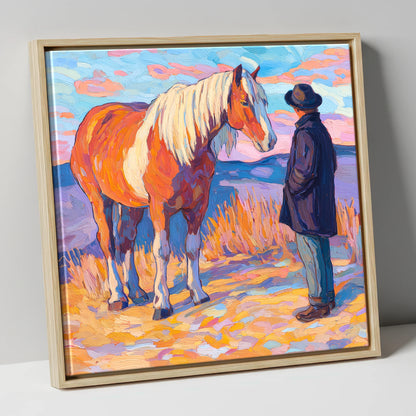 Golden Hour Harmony horse & rider canvas wall art in natural frame