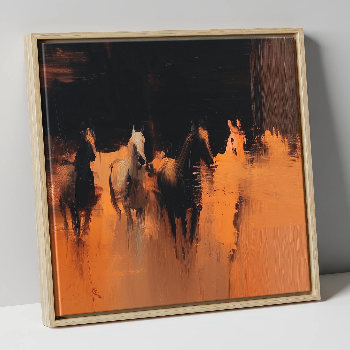 Out of the Shadows racing horse canvas wall art in natural frame
