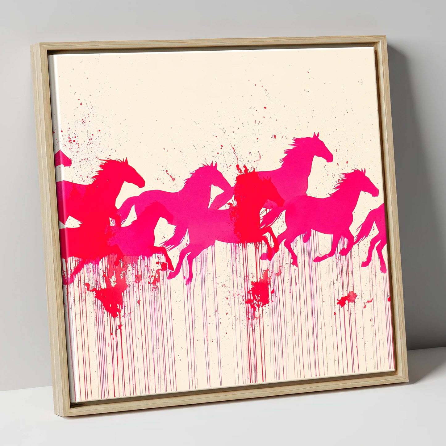 Vivid Magenta Herd wild horses canvas wall art in natural frame
