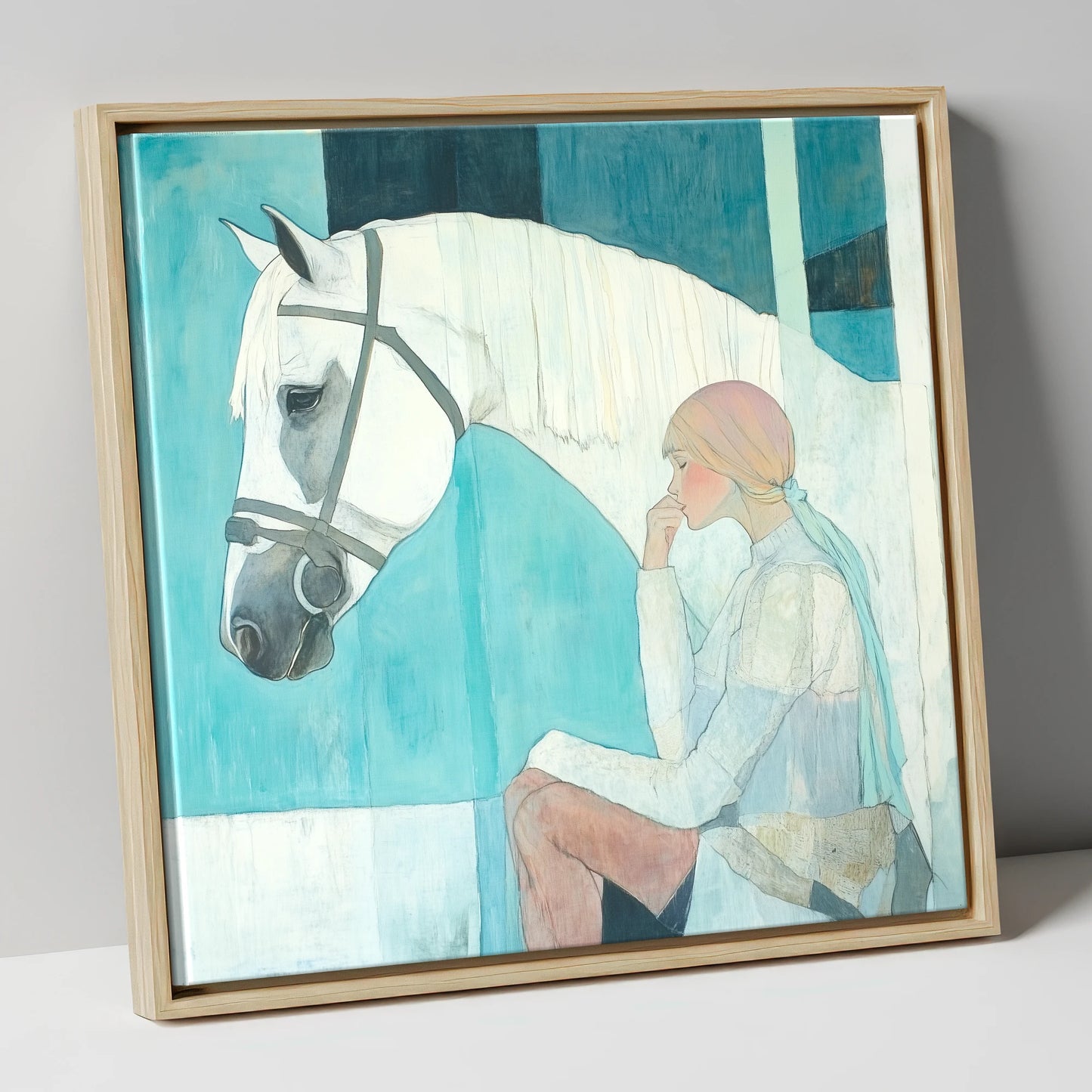 Quiet Contemplation horse & rider canvas wall art in natural frame