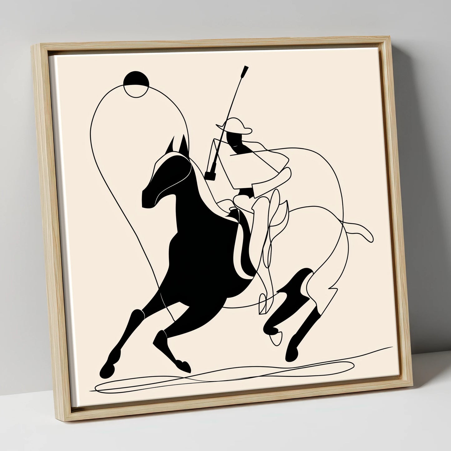 The Polo Swing polo horse canvas wall art in natural frame