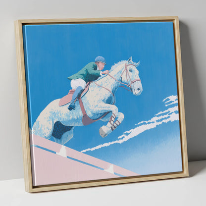 Airborne Over Blue show jumping horse canvas wall art in natural frame