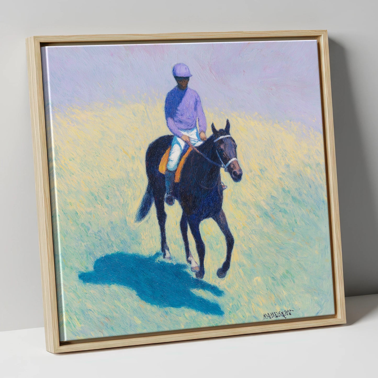 Morning on the Gallops racing horse canvas wall art in natural frame