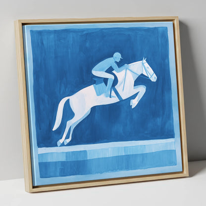Azure Leap show jumping horse canvas wall art in natural frame
