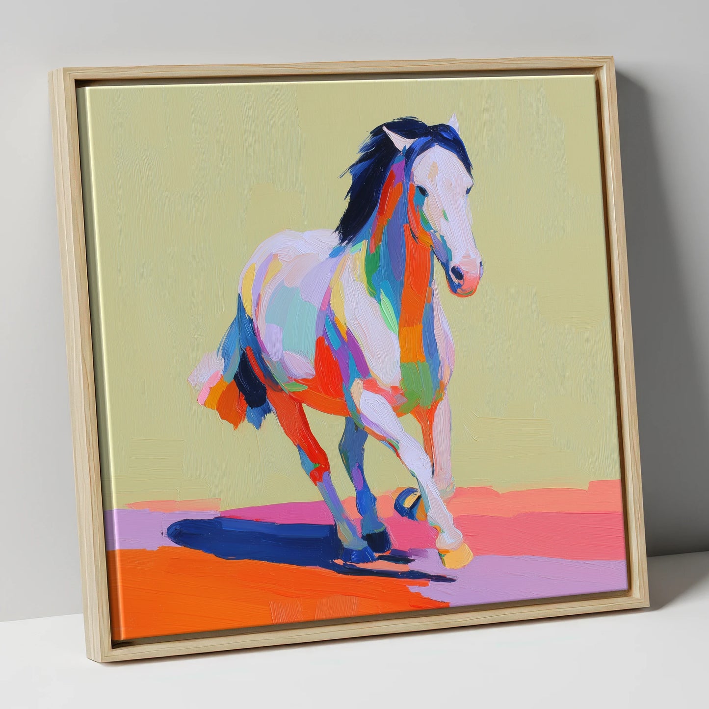Technicolour Canter horse breed canvas wall art in natural frame