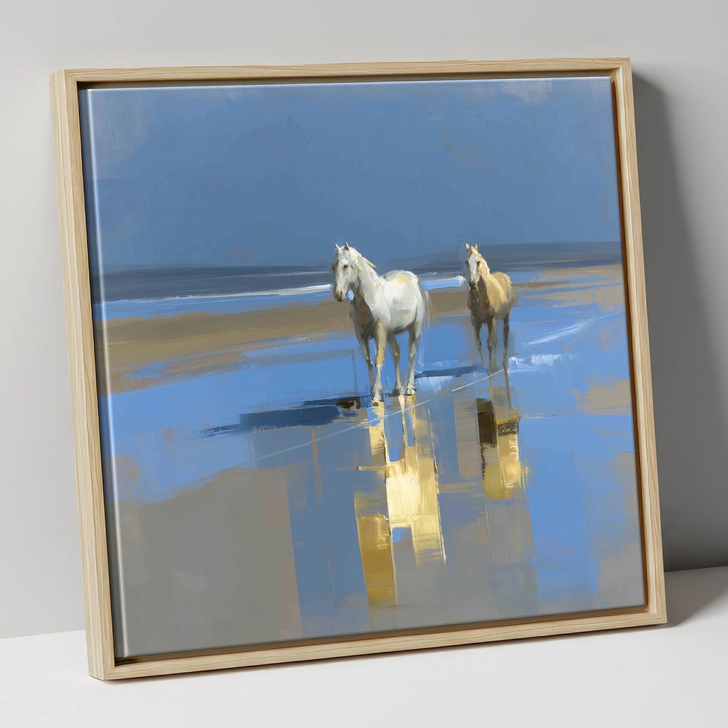 Coastal Reflections horse landscape canvas wall art in natural frame
