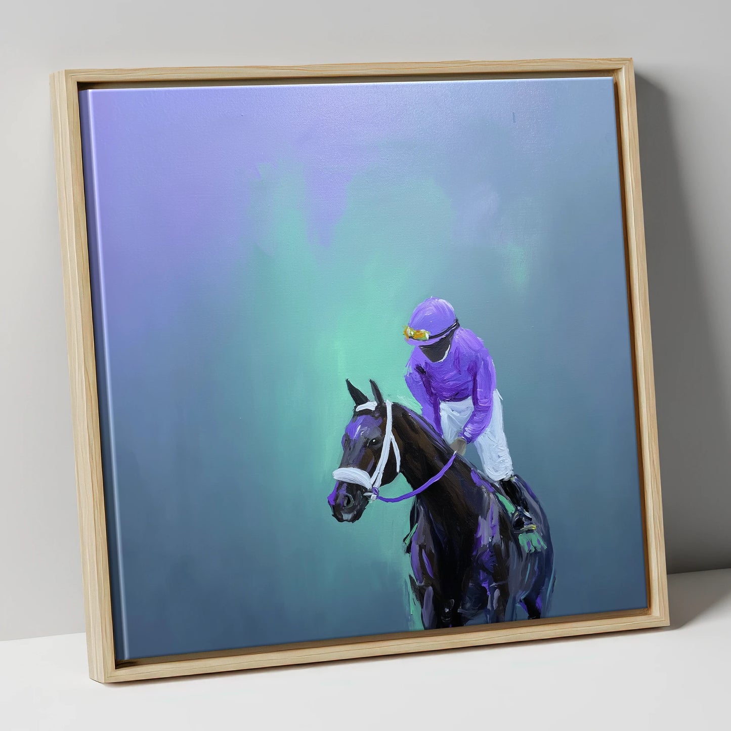 Quiet at the Post racing horse canvas wall art in natural frame