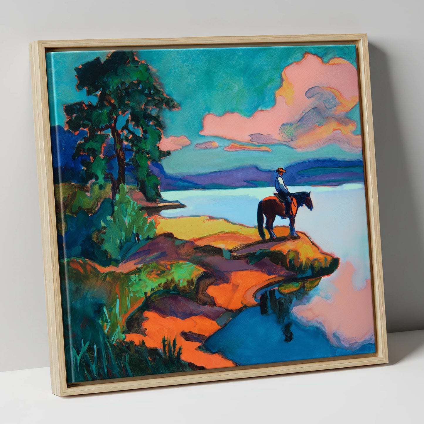 The Violet Shoreline beach horse canvas wall art in natural frame