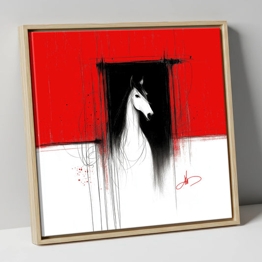 The Crimson Doorway horse stable canvas wall art in natural frame