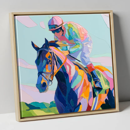 Technicolour Sprint racing horse canvas wall art in natural frame