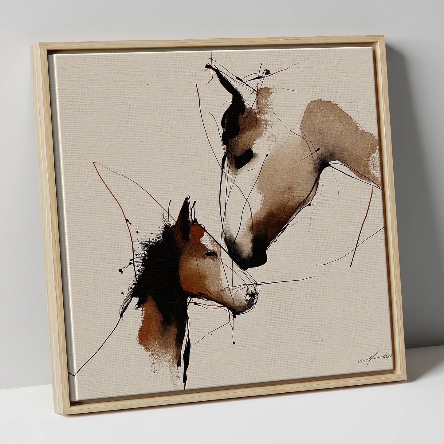 Tender Sepia Bond mare & foal canvas wall art in natural frame