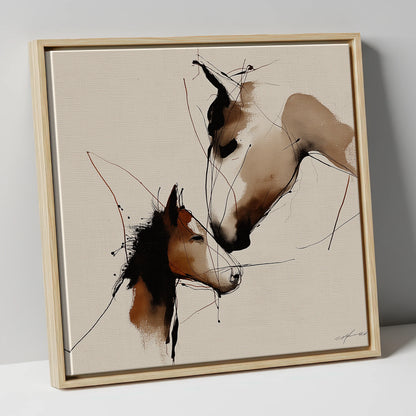 Tender Sepia Bond mare & foal canvas wall art in natural frame