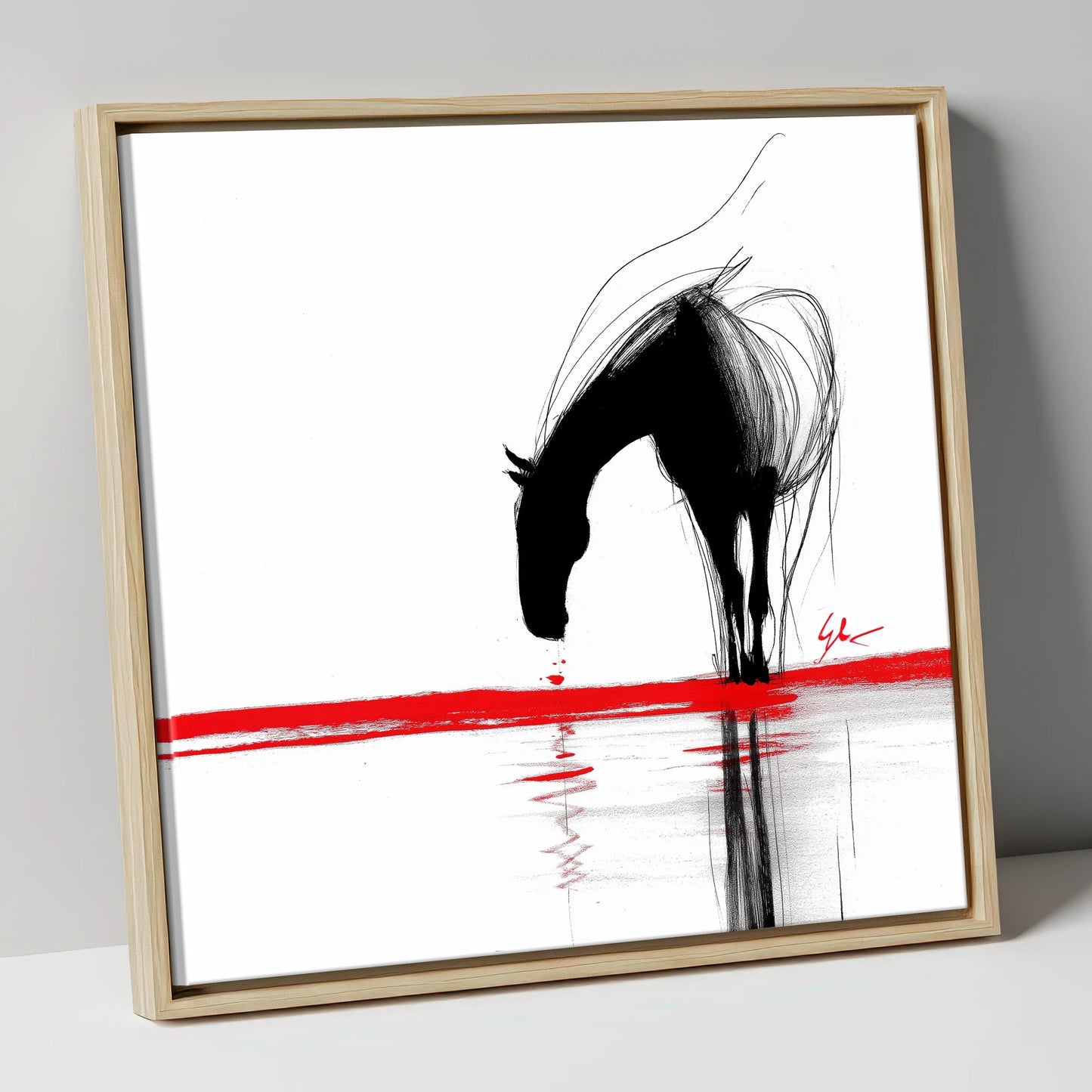 Crimson Reflection horse portrait canvas wall art in natural frame