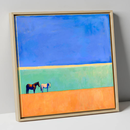 Sunlit Plain horse landscape canvas wall art in natural frame