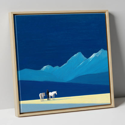Azure Mountain Solitude horse landscape canvas wall art in natural frame