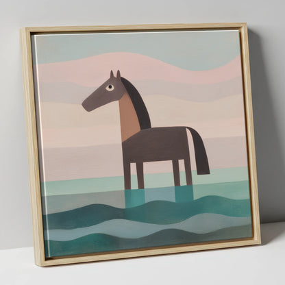 Stillness in the Shallows beach horse canvas wall art in natural frame